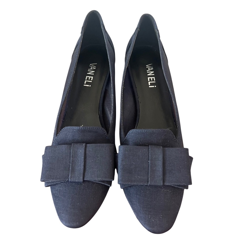 Vaneli Womens Navy Blue Mesh Low Block Heel Pumps with Bow Accent Size 6N